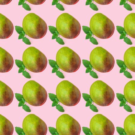 Mango seamless pattern with green mint leaves made of photography. Bright juicy fruits on pink pastel backgroundの写真素材