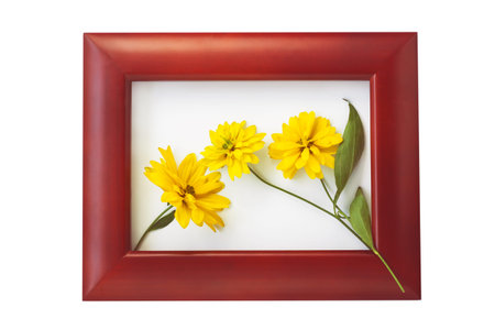 Brown wooden photo frame with yellow flowers on a white background. Hello autumn card. Home interior...