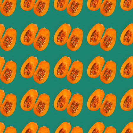 Pumpkin seamless pattern on a turquoise background. Two halves of squash. Creative minimalism, food...