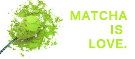Matcha green tea header isolated on a white background. Site design. A spoon with traditional...