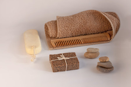 Spa and wellness concept, natural coffee scrub soap, essential oil cosmetic, peeling sand stone,...