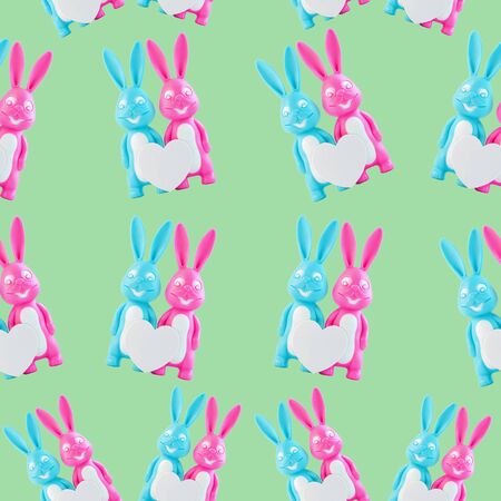 Pink and blue rabbits easter pattern. Cute bunnies set for fabric design, happy lovers couple with heart on white background isolated. Creative minimal banner, Valentine's day card,family love conceptの写真素材
