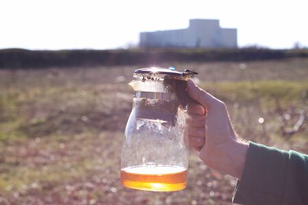 Tea ceremony, pouring chinese tea from a teapot into a glass jug on a beautiful nature bokeh background banner. Male hand holds healthy drink on family picnic with kids. Sunny day, warm spring weatherの写真素材