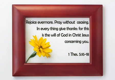 Bible quote in wood frame yellow flower.Inspiration Christian praying verse.Rejoice evermore. Pray...