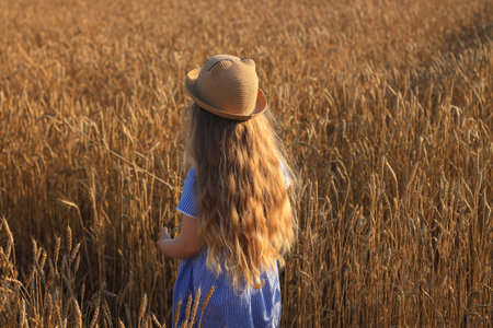 Adorable little girl in a straw hat and blue plaid summer dress in wheat field. Child with long...
