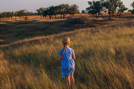 Adorable little girl in a straw hat and blue plaid summer dress in grass field with wild flowers in hands. Happy child with long blonde braided hair countryside landscape. Funny walking kid outdoorの写真素材