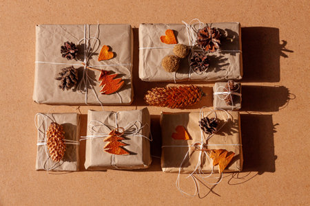 Zero waste Christmas knolling flat lay with hard shadows. Hand crafted eco gift, natural New Year...