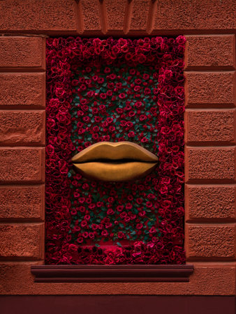 Creative fashionable shop window sexy red lips and red roses. Stylish store display with flowers decorations and golden mouth. Marketing advertisement retail boutique exterior design. Shopping conceptの写真素材
