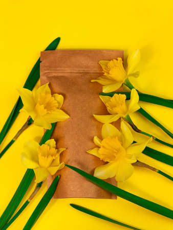 Brown kraft paper pouch bag mockup coffee beans and yellow daffodil flowers on pastel background top view. Packaging for food product template.Pack with clasp for tea leaves, weight flat lay copy spaceの写真素材