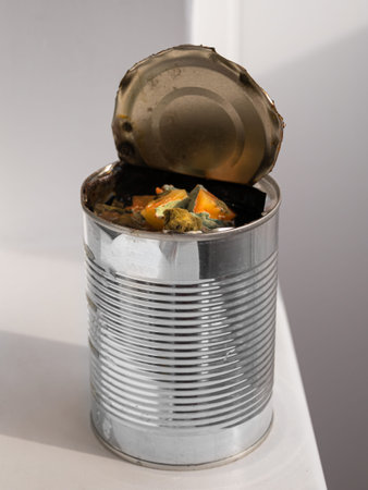 Crushed pineapple in juice with colorful green mold on white background. Canned moldy tropical...