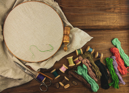 Embroidery needlework background Linen in hoop mockup. Colorful floss thread scissors card tag....