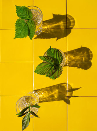 Refreshing summer drinks in crystal glasses with green leaves yellow tile background with harsh...