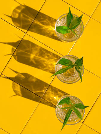 Refreshing summer drinks in crystal glasses with green leaves yellow tile background with harsh shadows. Sweet cold natural cocktail hot summer day. Non alcoholic soda water mint tonic. Party vacationの写真素材
