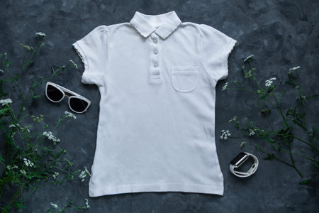 White blank polo t-shirt mockup on dark background. Blank cotton plain shirt collar pocket template...