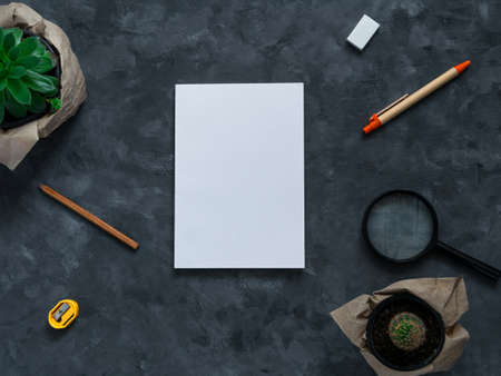 White blank notebook mockup dark background flat lay. Minimal work space sketchbook template, eco paper pen, green plant top view. Back to school banner, stationery, office tools education e-learningの写真素材