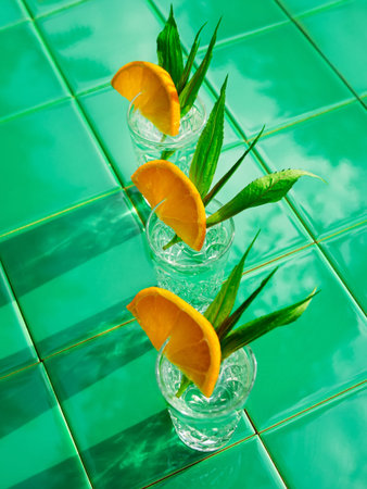 Refreshing drinks in crystal glasses with leaves orange slice on green tile background shadows. Sweet cold natural cocktail hot summer day. Soda water fruits berries mint tonic. Party vacation top viewの写真素材