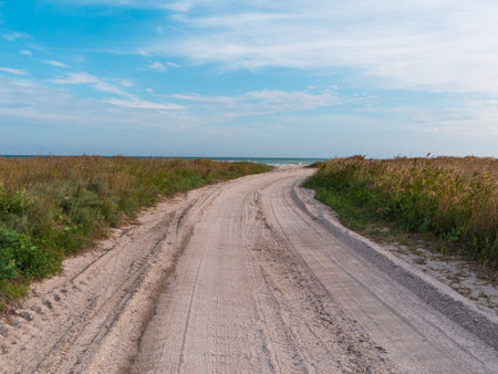 Empty beach with blue sea and sky background on a sunny day. South scenic landscape wallpaper, autumn winter sping summer vacation season. Vivid blue water with blurred copy space. Resorts advertisingの写真素材
