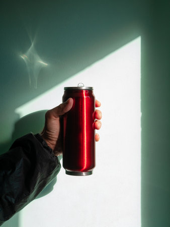 Red thermo can bottle in male hands blue turquoise wall background harsh shadow. Hot tea coffee beverages drinking in cold autumn winter weather. Durable stainless steel reusable eco-friendly thermo.の写真素材