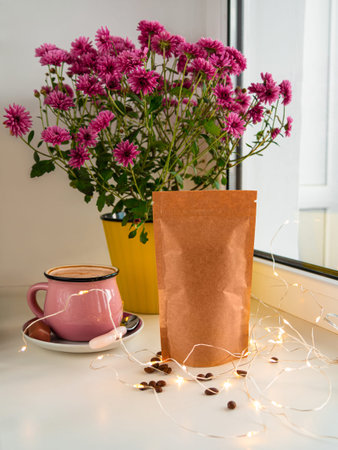 Kraft paper pouch bags coffee beans. Food packaging template mockup Pack clasp for tea leaves cocoa...