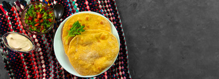Homemade corn flatbread cilantro green tomato salsa authentic textile. Handmade mexican tortilla...