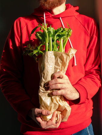 Bearded man in red hoody holds fresh green celery in hand harsh shadow. Vegetable gathering Healthy...