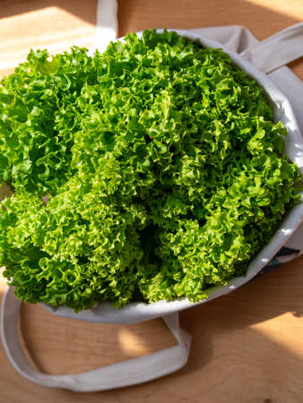 Fresh lettuce salad in eco shopping bag top view. Sustainable living Shop local concept. Green leaf vegetable canvas bag.Zero waste plastic free concept Healthy vegan food Dietary fiber Ketogenic dietの写真素材