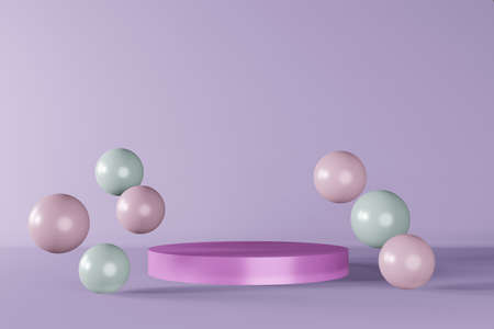 Purple cylinder podium stage 3d render. Round pedestal design composition. Abstract minimal scene levitating geometric violet blue sphere shape Cosmetic product showcase presentation display backgroundの写真素材