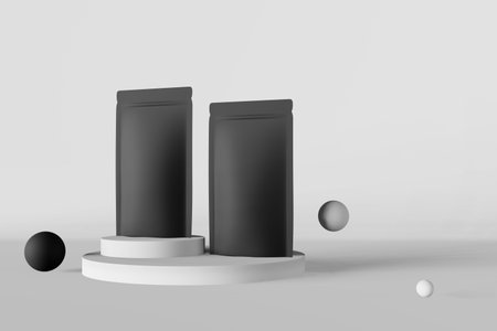 Black pouch bags mockup matte podium white background bubbles 3D render. Merchandise packaging...