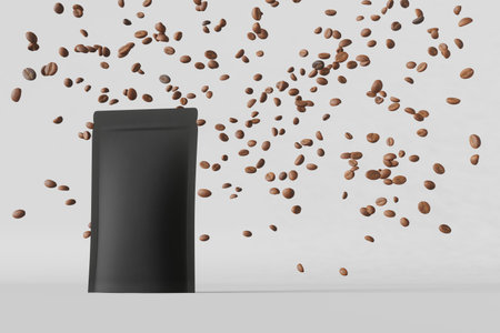 Black pouch bag mockup falling coffee beans matte podium white background 3D render.Merchandise advertising packaging minimal design Blank sachet pack product template Cafe sale delivery demonstrationの写真素材