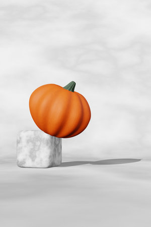 Fall creative concept pumpkin marble podium scene 3D render. Halloween Thanksgiving seasonal sale design. Product stage promotion showcase. Autumn art presentation. Trendy modern holiday decorations.の写真素材