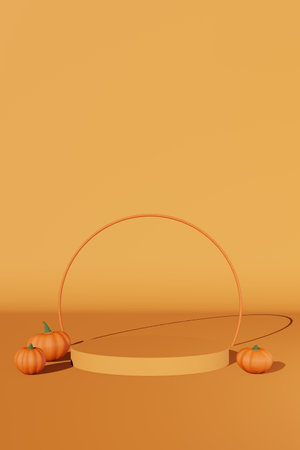 Fall creative concept pumpkin matte podium scene 3D rendering. Halloween Thanksgiving seasonal sale design. Product stage promotion showcase. Autumn art presentation. trendy modern holiday decorationsの写真素材