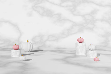 Fall creative concept pink white pumpkins marble podium scene 3D rendering. Halloween Thanksgiving seasonal sale design. Product promotion showcase. Autumn art presentation. modern holiday decorationsの写真素材