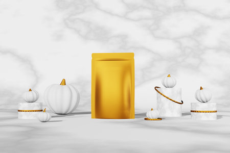 Golden luxurious pouch bag branding design mockup pumpkin marble background podium 3D render. Premium coffee beans doy pack packaging merchandise. food product template. Halloween sale demo.の写真素材