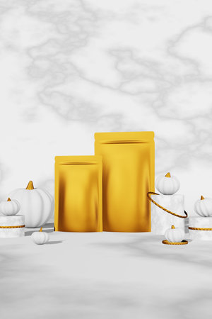 Golden luxurious pouch bag branding design mockup pumpkin marble background podium 3D render. Premium coffee beans doy pack packaging merchandise. food product template. Halloween sale demo.の写真素材