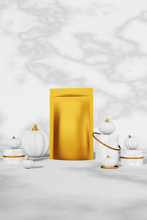 Golden luxurious pouch bag branding design mockup pumpkin marble background podium 3D render. Premium coffee beans doy pack packaging merchandise. food product template. Halloween sale demo.の写真素材
