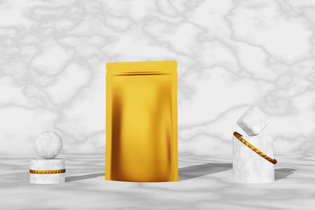 Golden luxurious pouch bag branding design mockup marble background podium 3D render. Premium coffee beans doy pack packaging merchandise. Blank food product template. Shop sale pedestal demonstrationの写真素材