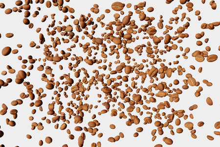 Falling coffee beans pattern white background isolated shadows 3D rendering. Flying floating arabica grains espresso latte cappuccino hot drinks sale. Coffee roasters shop product delivery advertisingの写真素材