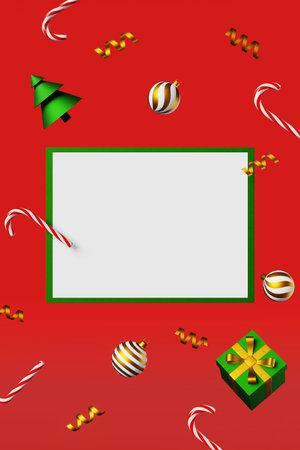 Christmas greeting card mockup fir tree balls candy cane gift box golden ribbon 3d rendering. Empty...
