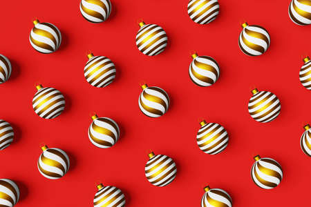Christmas balls 3D pattern wallpaper top view flat lay red background. Xmas festive ornament realistic white gold glitter decoration toys. Winter holidays seasonal New Year screensaver backdrop bannerの写真素材