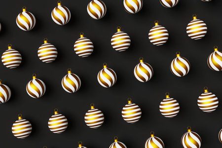 Christmas balls 3D pattern wallpaper top view flat lay black background. Xmas festive ornament realistic white gold glitter decoration toys Winter holiday seasonal New Year screensaver backdrop bannerの写真素材