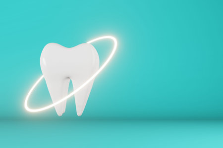 White healthy molar tooth 3D rendering on blue background. Enamel whitening toothpaste tartar plaque removal National Dentist's Day Wisdom teeth extraction. oral care. Dental Insurance Clinic bannerの写真素材