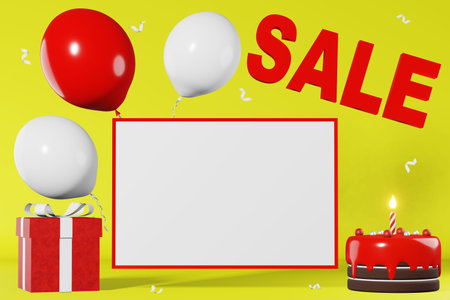 Sale text discount banner mockup Hot offer Best price 3d rendering yellow background. Red gift box...