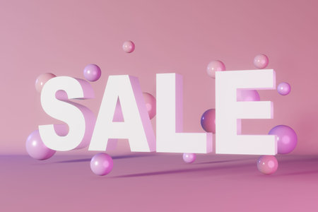 Sale text discount banner Hot offer Best price 3d rendering card pink background neon light. Purple levitating spheres. Online shopping promotion. Shop coupon product advertisement poster template.の写真素材