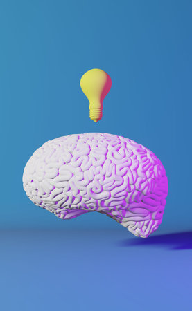 Human brain yellow light bulb neon background 3d rendering. Creative idea Artificial intelligence...