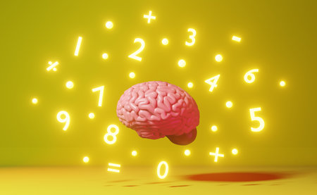 Human brain numbers math symbols yellow background 3d rendering. International Day of Mathematics science Algebra Learning Skills education Memory improvement Calculus Analysis Operations Memorizationの写真素材