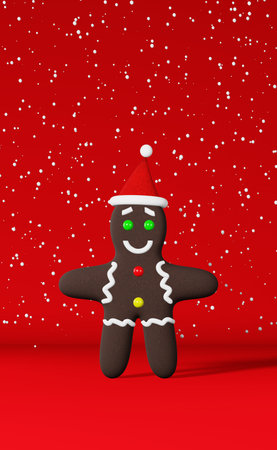 Christmas cookie Gingerbread man Santa hat 3d rendering red background. Xmas party poster. New Year greeting card. Festive winter holiday banner copy space. Sweet pastry candy cane decorationsの写真素材