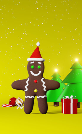Christmas cookie Gingerbread man Santa hat 3d rendering yellow background. Xmas party poster. New...