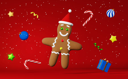 Christmas cookie Gingerbread man in Santa hat levitating falling snow banner 3d rendering red...
