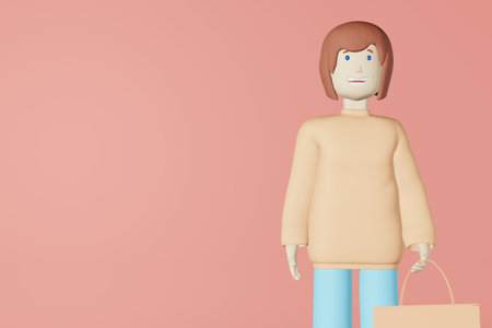 3d character girl shopping bag pink background rendering. Brown haired woman with shopper in the mall. Fashion shop price discount advertising promo banner design. Holiday Special offerの写真素材