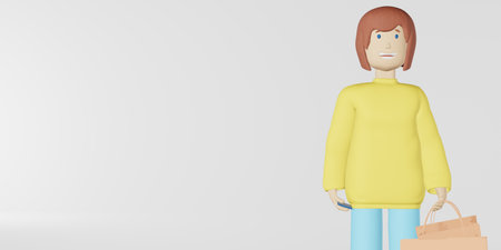 3d character girl shopping bag white background rendering. Brown haired woman with smartphone in mall. Fashion shop price discount advertising promo banner design. Holiday Special offerの写真素材